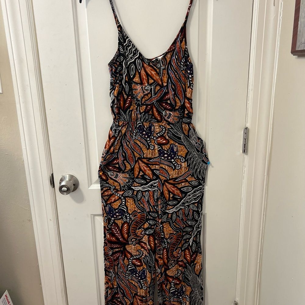H&M Boho Tribal Batik Animal Print Wide Leg Jumpsuit Womens Size 2 Open Cutout B